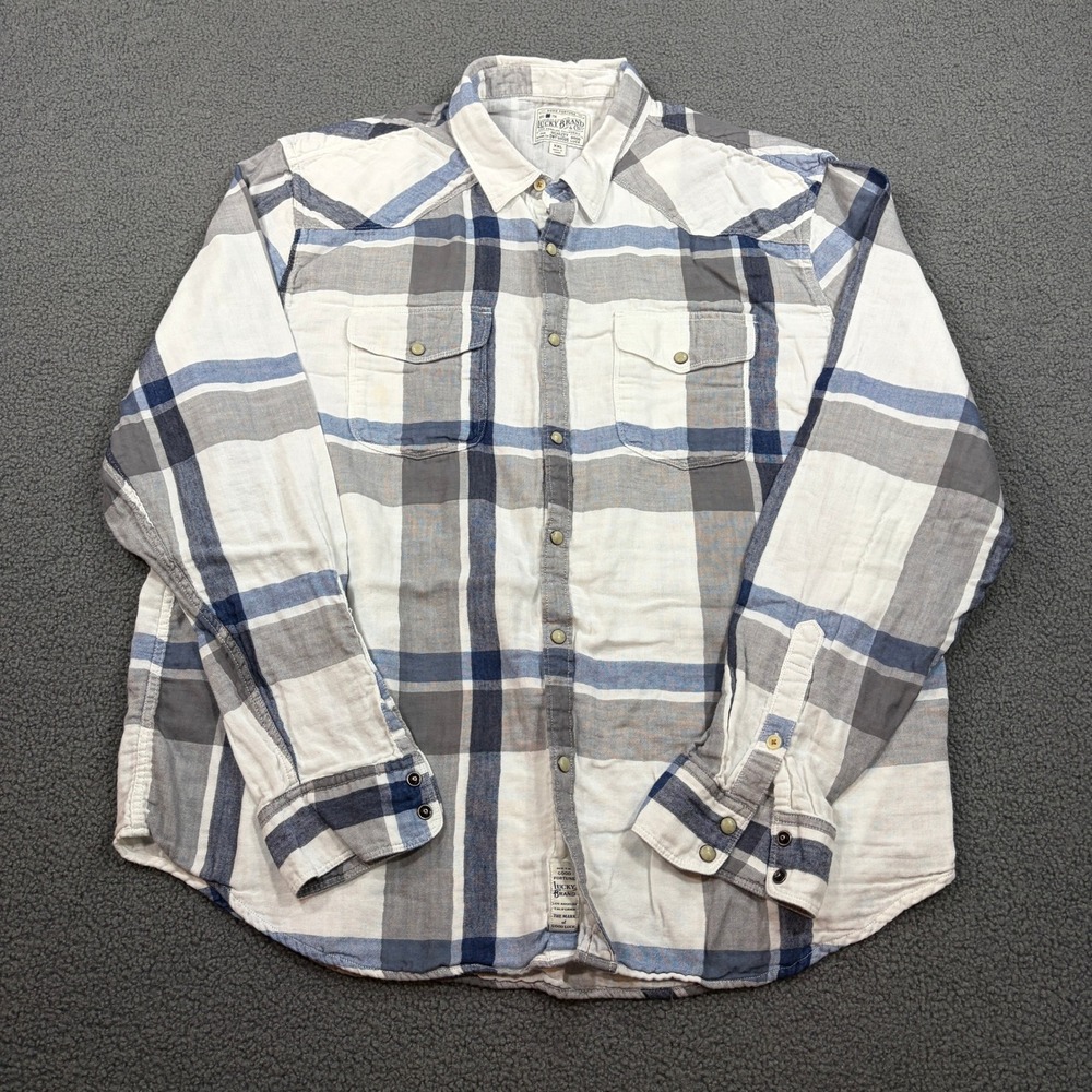 Lucky Brand Shirt Mens XXL White Blue Plaid 7MD41478 Western Snap Button Up
